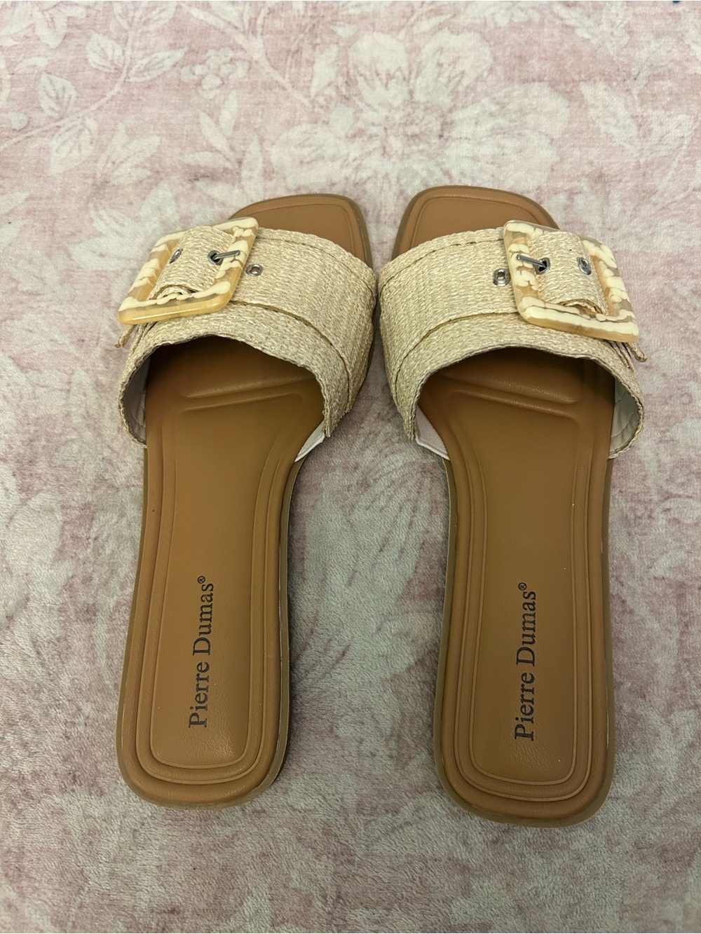 Pierre Dumas Tan & Beige Raffia Buckle Slide Sandals